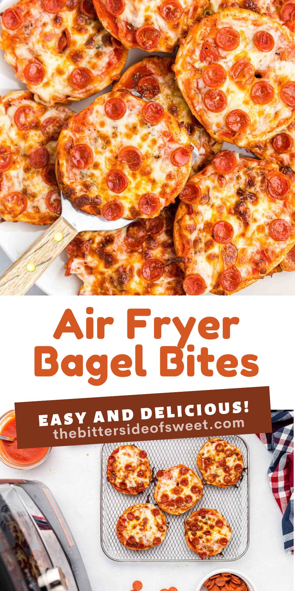 Easy Air Fryer Bagel Bites! These pizza flavored bites could not be easier! Made with a few ingredients that makes the best lunch or snack! air fryer bagel bites collage pin.