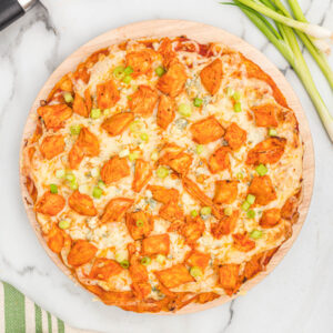 overhead view of whole pizza.