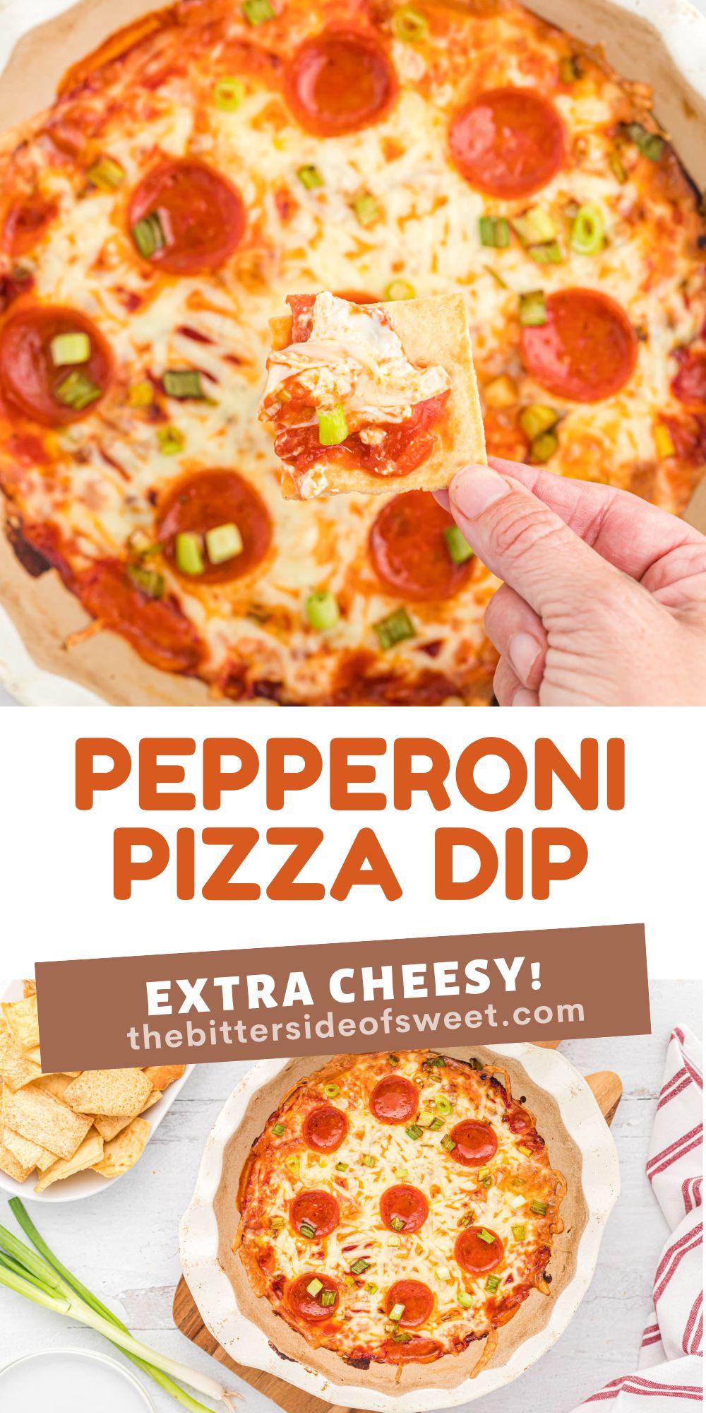 This ooey, gooey Easy Pepperoni Pizza Dip will satisfy any afternoon craving! Once you try this it will be a family favorite! two picture collage of Pepperoni Pizza Dip.