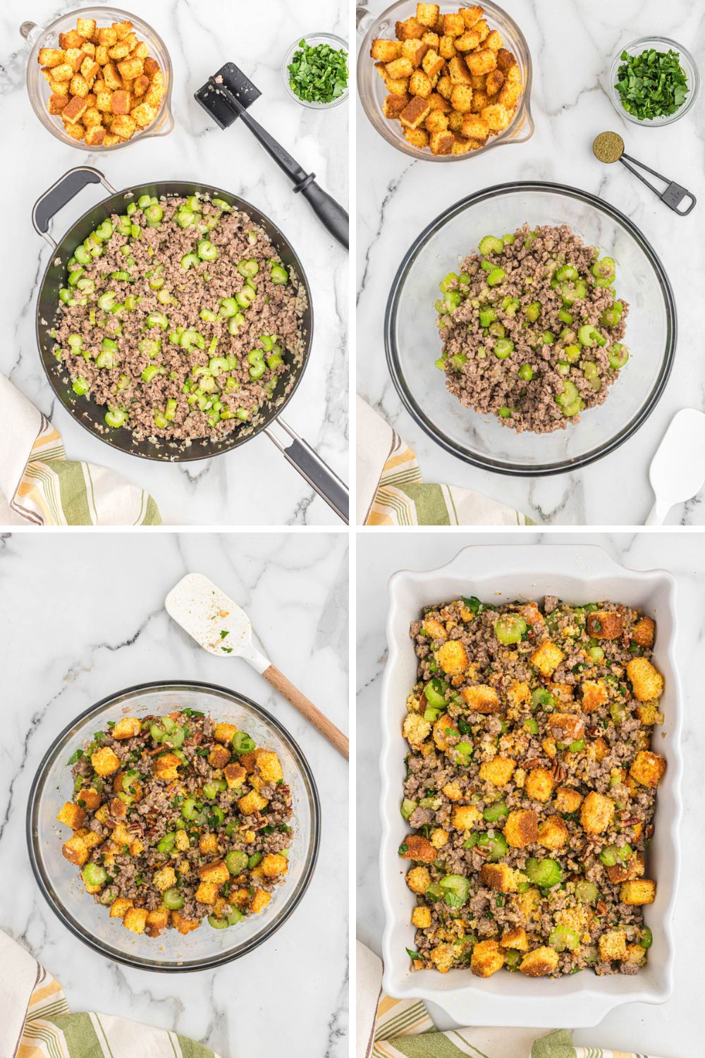 ingredient collage of sausage cornbread stuffing step by steps.