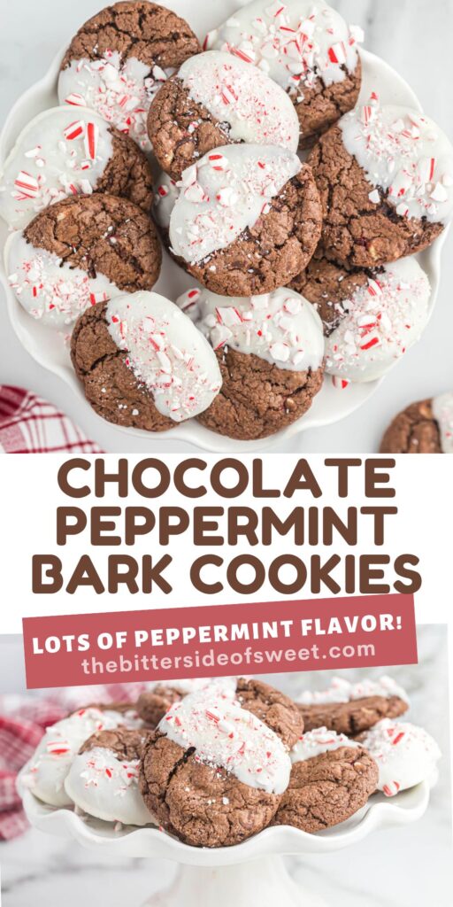 Easy chocolate peppermint bark cookies that are ready in no time! Full of peppermint flavor, these soft and gooey cookies are perfect! collage of chocolate cookies.