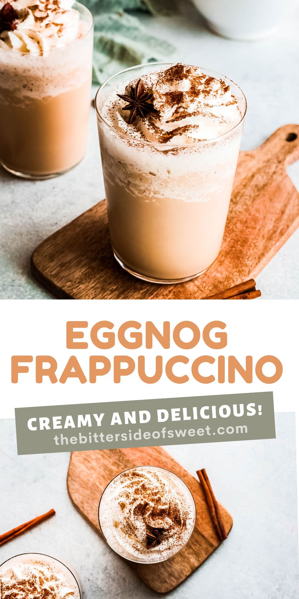 This easy eggnog frappuccino is the perfect copycat coffee shop version that's made right at home! Creamy and delicious! collage of Eggnog Frappuccino in glasses.