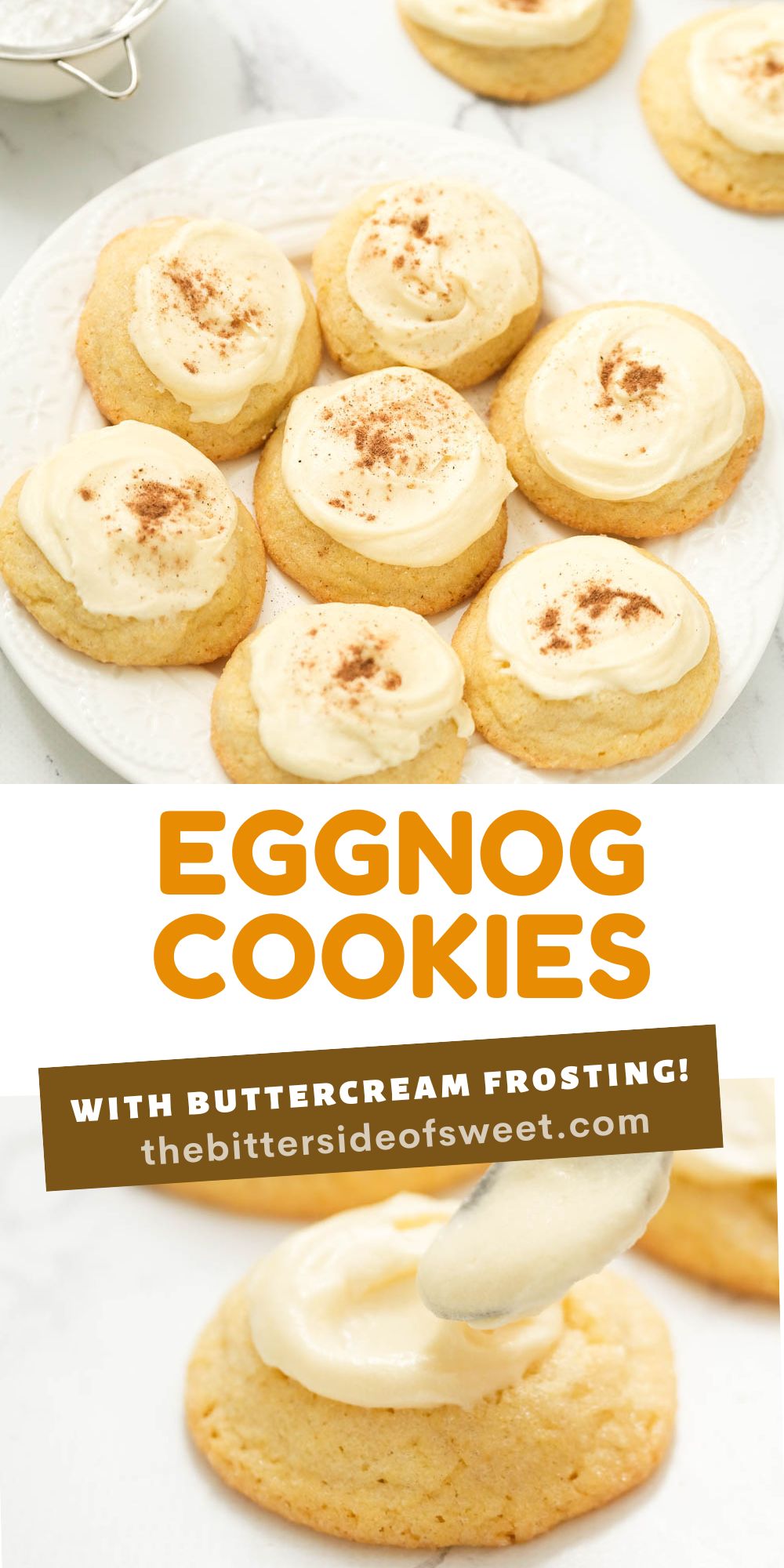 These frosted eggnog cookies are the perfect treat for eggnog lovers! With a touch of nutmeg and topped with eggnog buttercream frosting! collage of eggnog cookies being frosted.