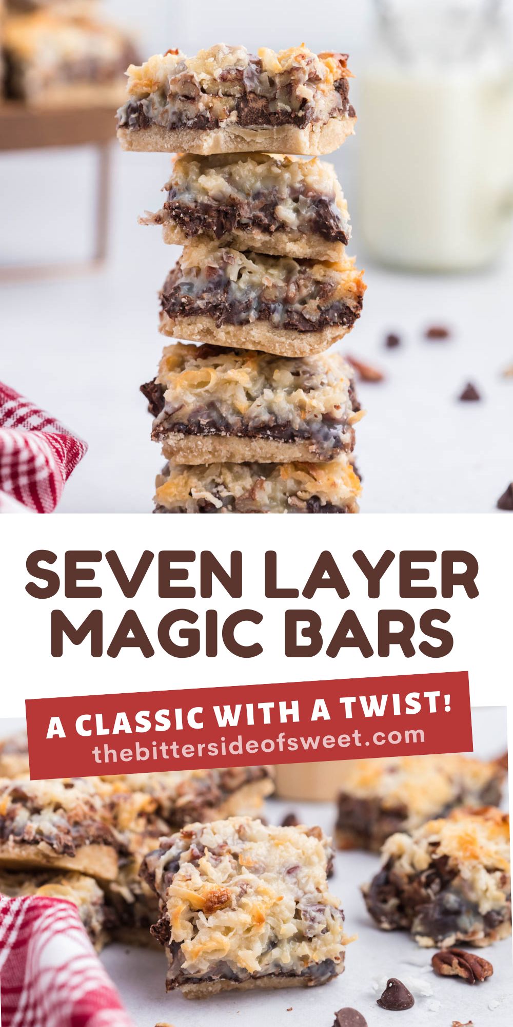 These seven layer magic bars are a classic dessert cookie bars. Made with just a few ingredients and baked to perfection! With a twist! collage of two pictures of magic bars.
