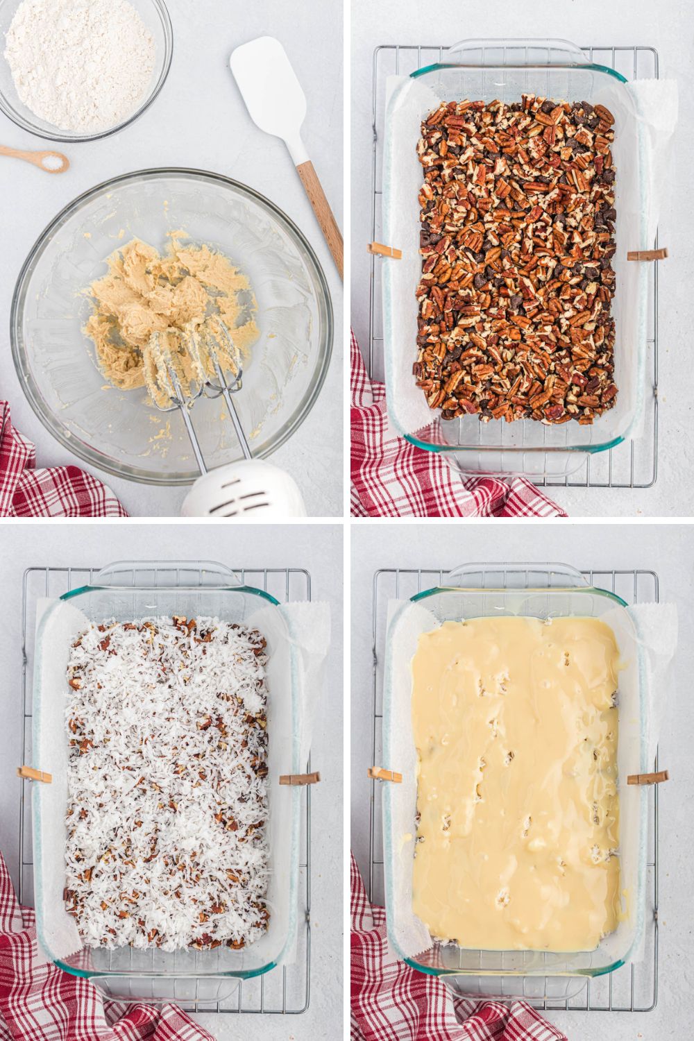 These seven layer magic bars are a classic dessert cookie bars. Made with just a few ingredients and baked to perfection! With a twist! step by step photo collage of Seven Layer Magic Bars.
