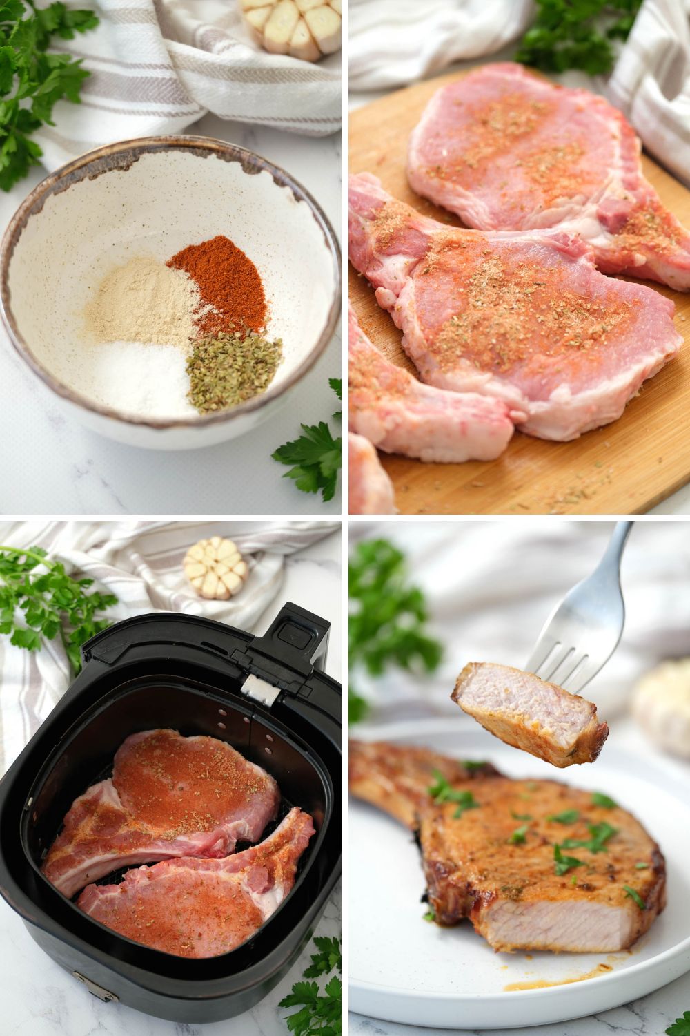 Our recipe for air fryer pork chops is simple and delicious, with crispy golden brown exteriors and tender, flavorful meat inside. Raw pork chops seasoned with herbs and spices ready to be cooked in the air fryer.