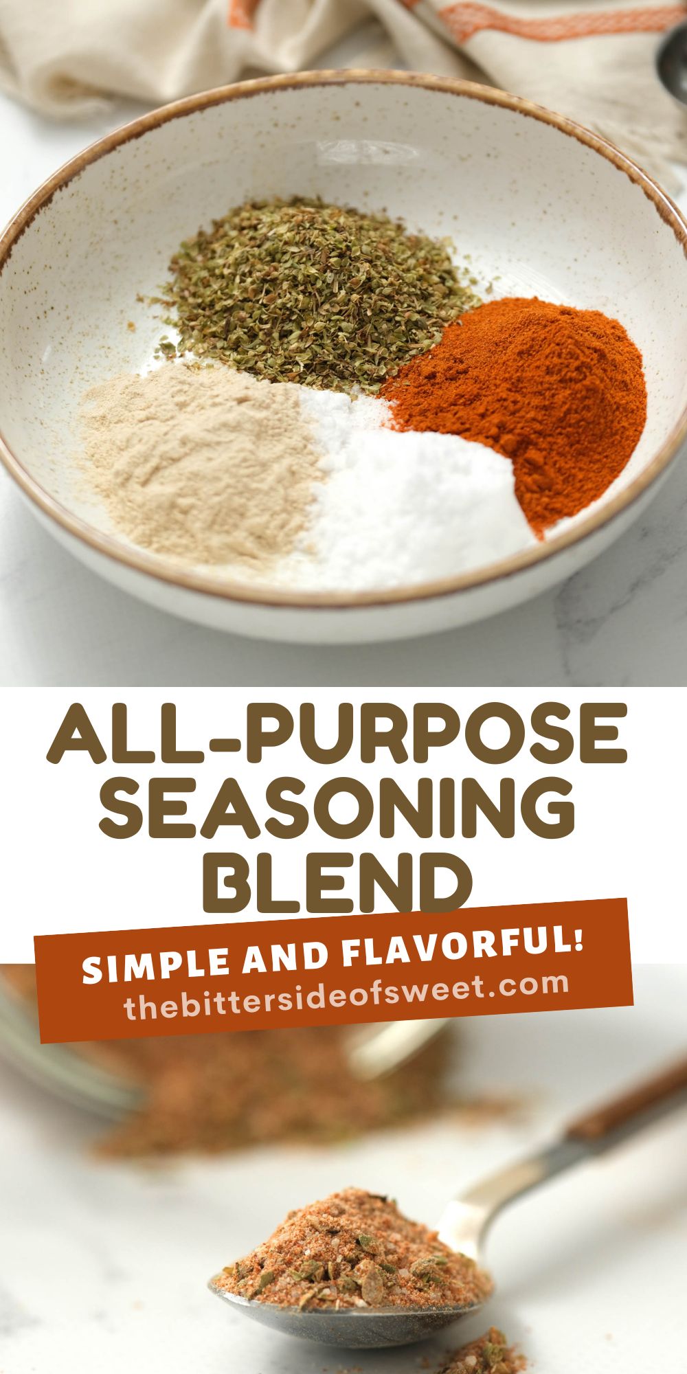 Spice up your meals with our all purpose seasoning blend recipe! Make mealtime more flavorful when cooking up pork, chicken, or veggies! collage photo of blend with seasonings.