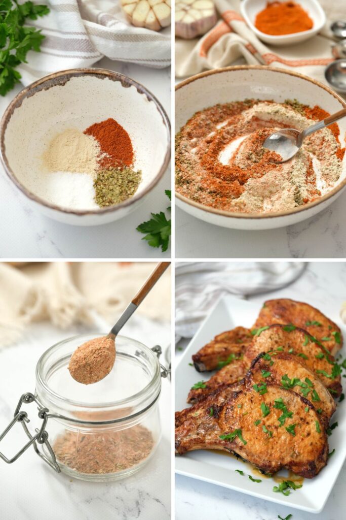 Spice up your meals with our all purpose seasoning blend recipe! Make mealtime more flavorful when cooking up pork, chicken, or veggies! collage of steps of seasoning blend.