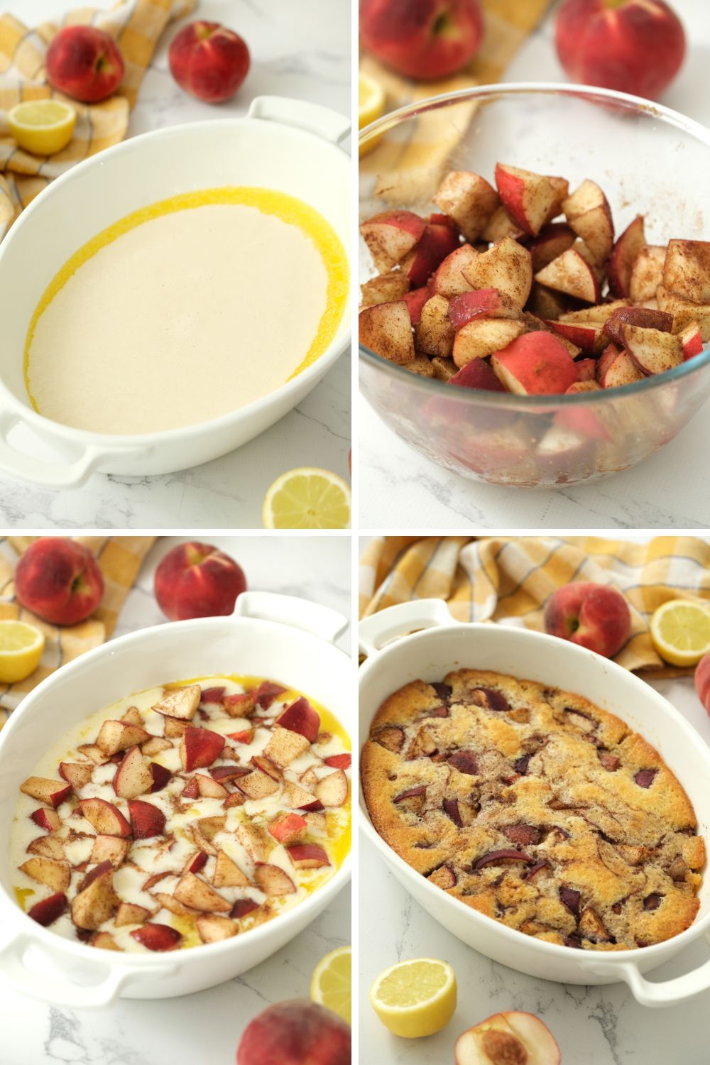 This Easy Peach Cobbler is filled with plump, fresh peaches with spices of cinnamon and brown sugar! Baked to perfection! collage of step by step photos for easy peach cobbler