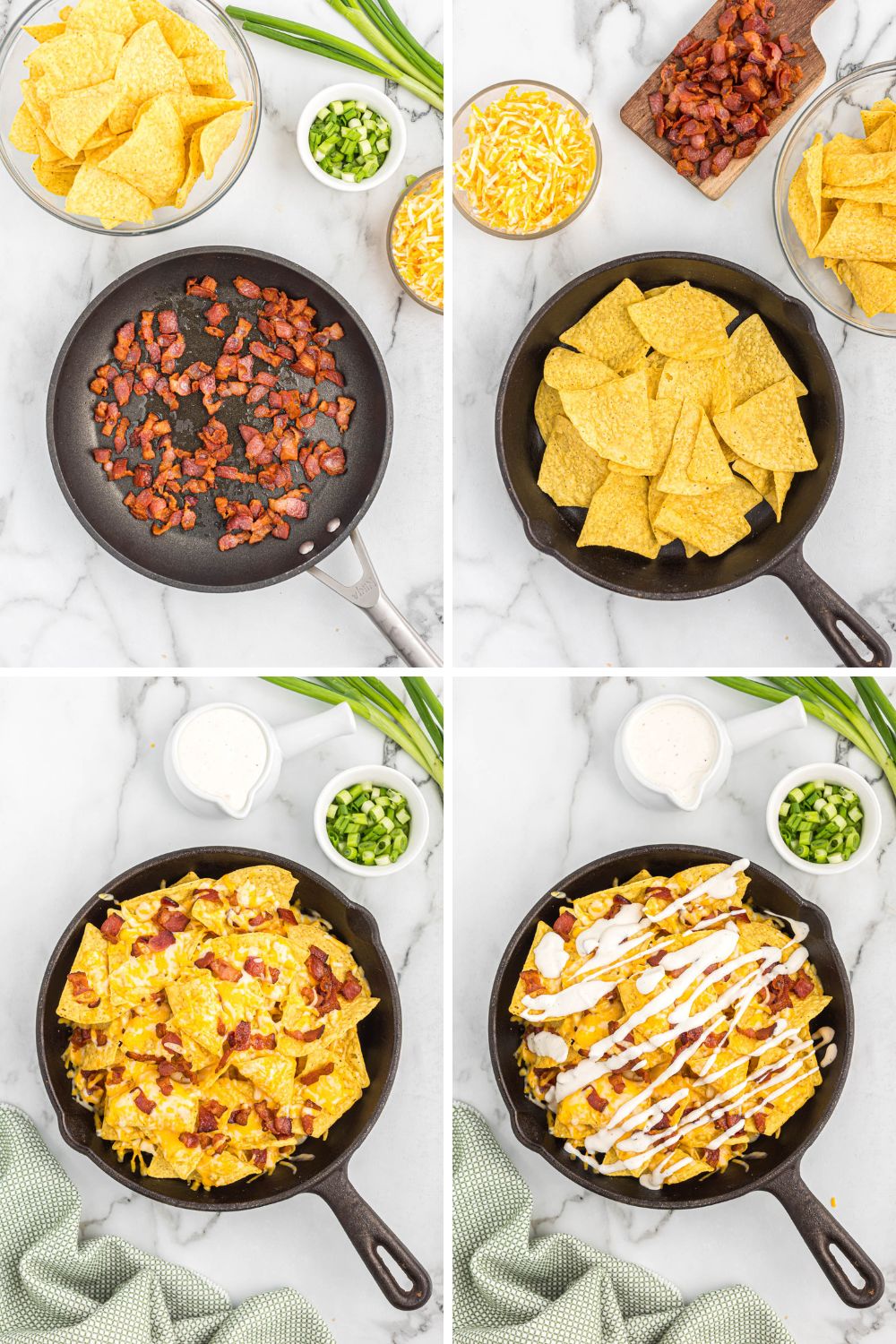 Whip up this quick and easy Bacon Ranch Skillet Nachos recipe in minutes. Crispy tortilla chips smothered in melty cheese, savory bacon, and creamy ranch dressing. step by step picture of bacon skillet nachos