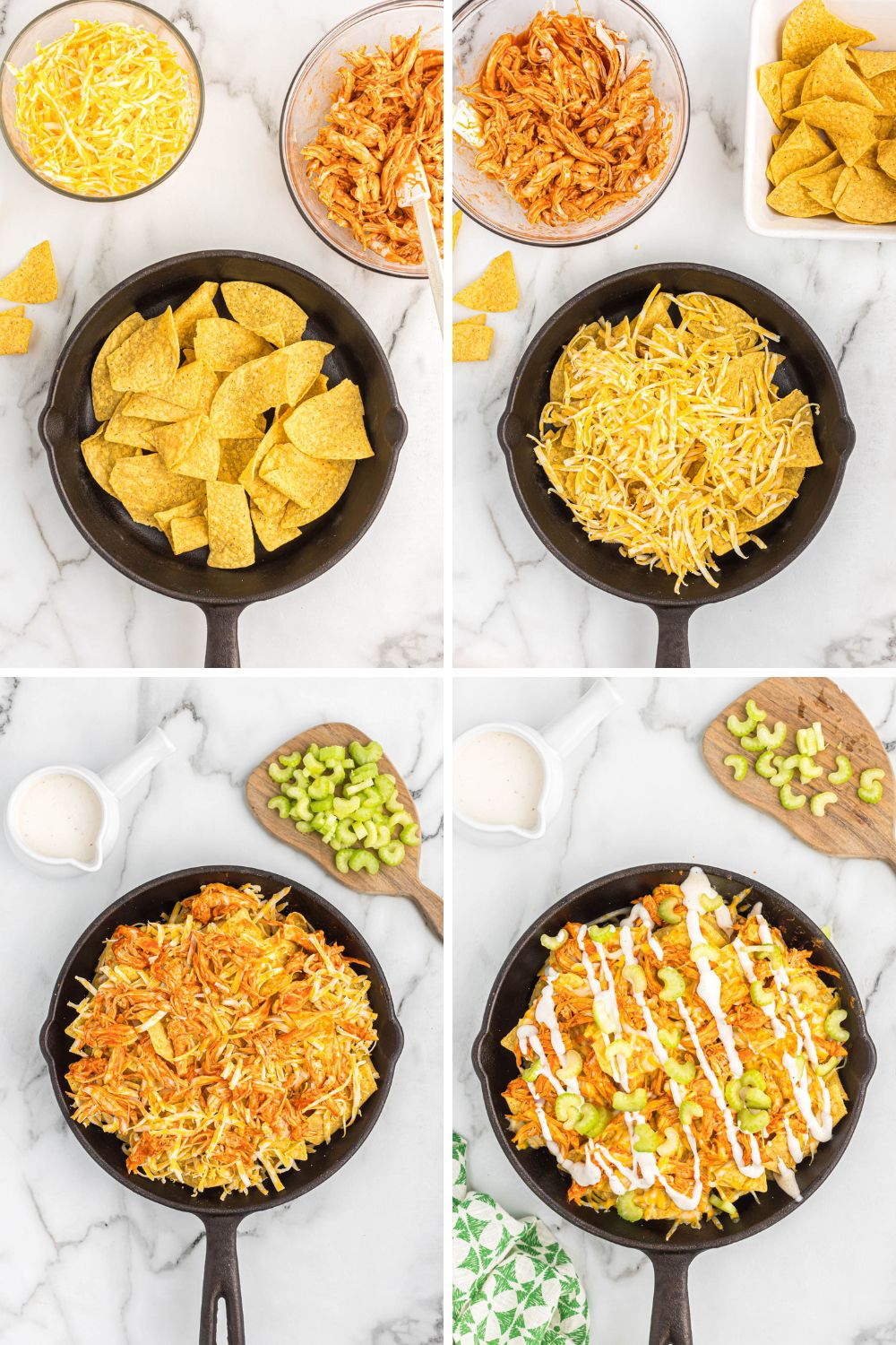 Easy to make Buffalo Chicken Skillet Nachos. Made with rotisserie chicken and buffalo sauce, this will become your new game day appetizer! step by step of buffalo chicken nachos