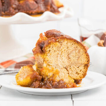 slice of pumpkin monkey bread on white plate