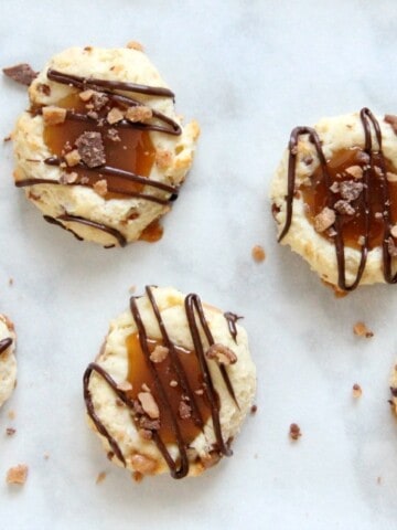 Toffee Thumbprint Cookies on a white plate