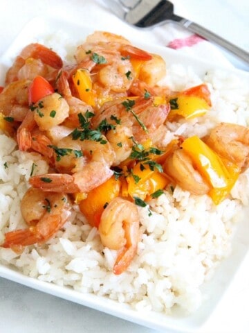 Instant Pot Sweet and Sour Shrimp on white plate