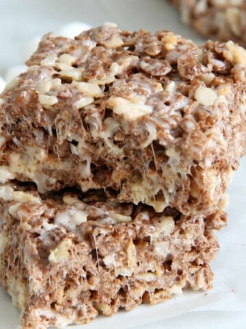Cocoa Marshmallow Treats on white paper