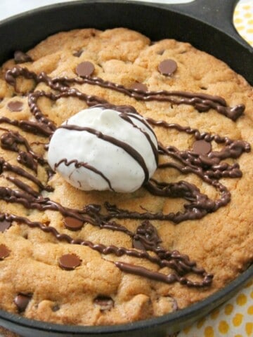 Chocolate Chip Skillet Cookie in a cast iron skillet