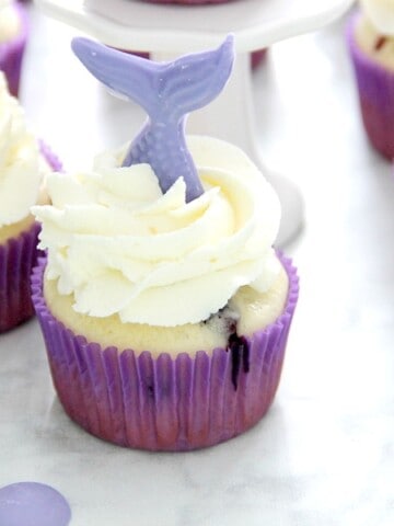 Blueberry Lemonade Mermaid Cupcakes in purple cupcake liner
