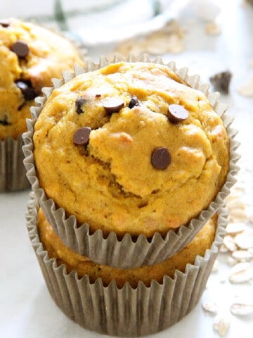 Chocolate Chip Pumpkin Muffins on white background