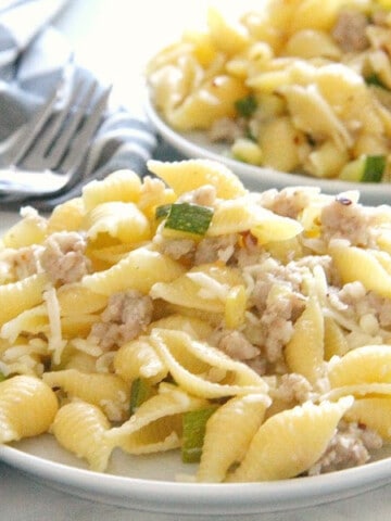 Spicy Sausage Zucchini Pasta on white plate