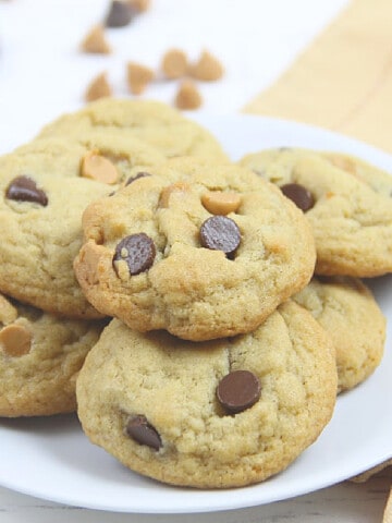 Peanut Butter Chocolate Chip Cookies on white plate