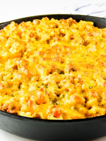 Cheesy Macaroni Pasta Bake finished in skillet
