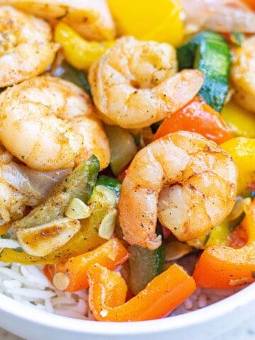 Garlic Thyme Shrimp and Veggies in bowl with rice