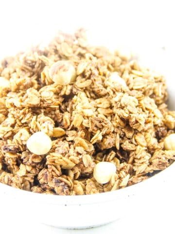 Chocolate Hazelnut Granola in white bowl