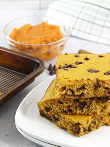 Chocolate Chip Pumpkin Sheet Pan Pancakes on white plate