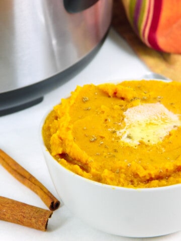 Instant Pot Mashed Sweet Potatoes with Cinnamon in white bowl