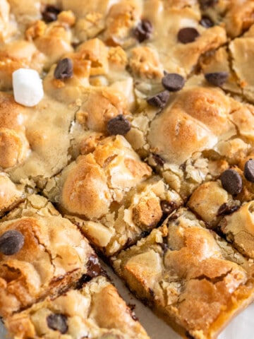 S'mores Blondies cut into pieces on parchment paper.