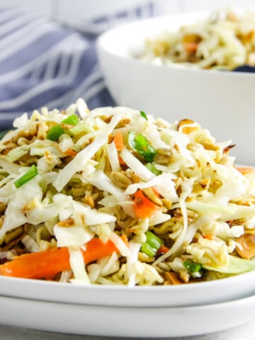 Easy Ramen Salad on white plate.