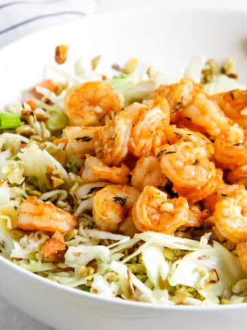 Shrimp Ramen Salad in white bowl.