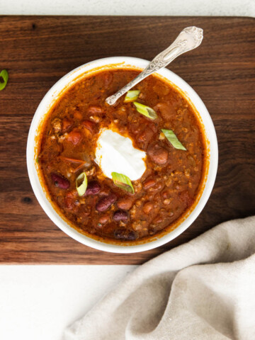Slow Cooker Chili in white bowl.