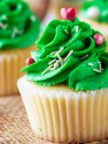 Christmas Tree Cupcakes topped with festive sprinkles.