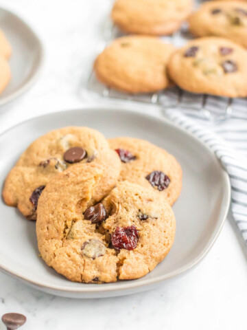 Dark Chocolate Chip Cherry Cookies on plate.