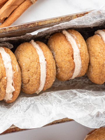 Ginger Molasses Cookie Sandwiches displayed in loaf pan.