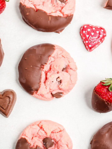 Strawberry Chocolate Cake Mix Cookies on parchment paper.