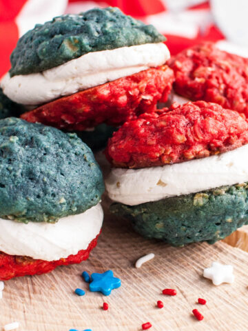 Oatmeal Cookie Sandwiches on brown background.