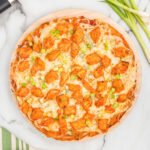 overhead view of whole pizza.