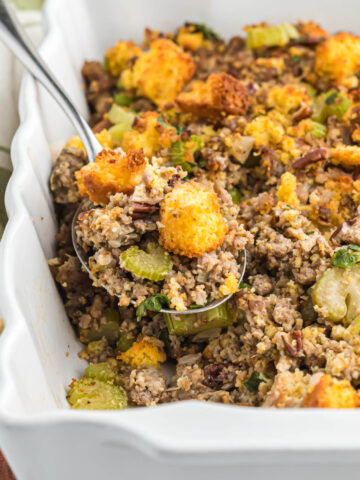 Sausage Cornbread Stuffing on spoon.