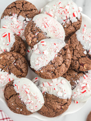 peppermint bark cookies on white tray.
