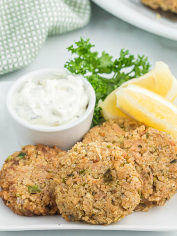 tuna cakes on white plate.