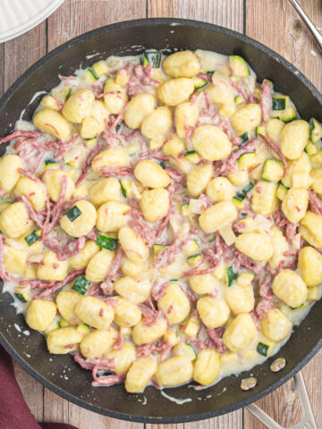 overhead view of gnocchi in skillet